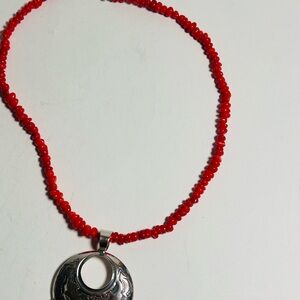 QT, CAROLYN POLLACK Sterling SW Red Coral Fringe Pendant Necklace 16”